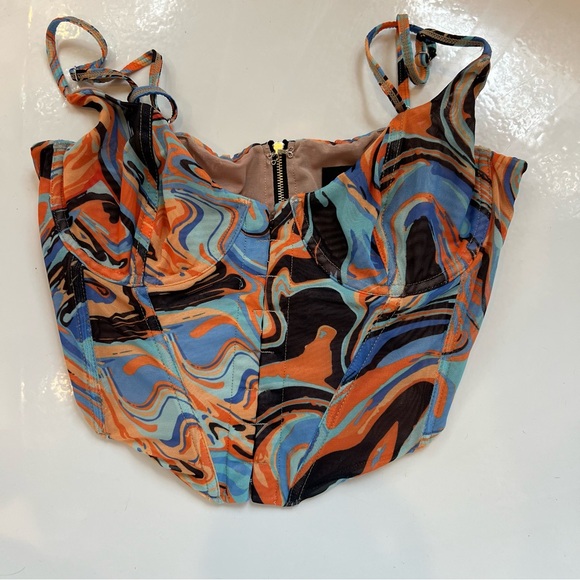 White Fox Abstract Swirl Print Bustier Crop Top Juniors XL Festival Clubbing - Picture 1 of 9